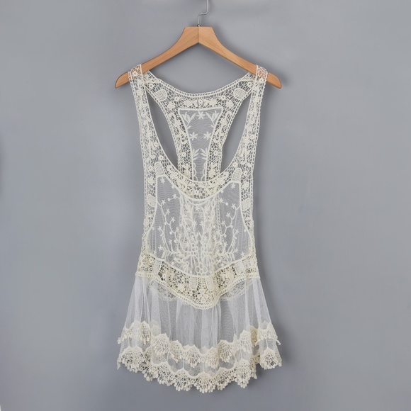 Cream Lace Embroidered ruffle hem boho Cover Up - Picture 10 of 10
